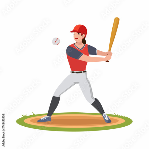 Female baseball player in uniform swinging a bat to hit the ball