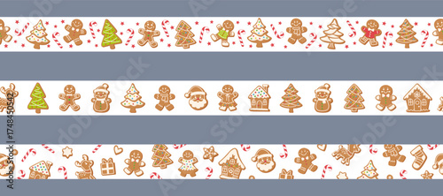 Christmas seamless borders with gingerbread cookies, houses, trees, candy canes and Santa faces. Cute winter design for holiday decoration, packaging, cards and festive projects.