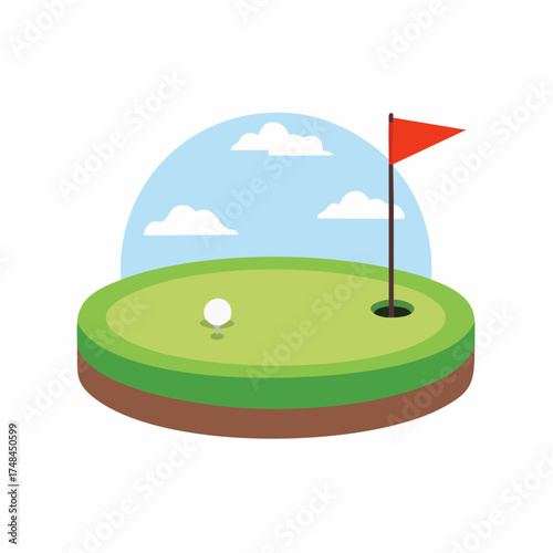 Minimalist vector illustration of a golf course putting green with a ball and flag under a blue sky