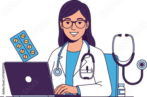 Happy female doctor using a laptop and stethoscope with medicine, illustrating healthcare and technology