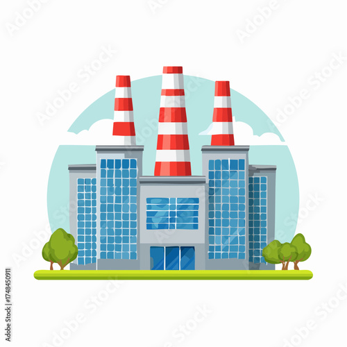 Industrial power plant with smokestacks and solar panels under a cloudy sky