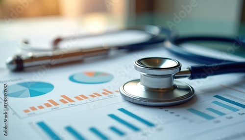 Stethoscope rests on financial reports with charts and graphs. Medical analysis, healthcare costs, and business planning concepts are implied through this pro setting.