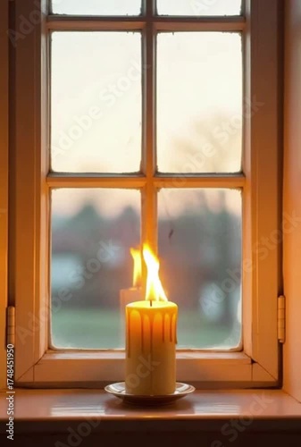 Candle burning on a windowsill with sunset background  