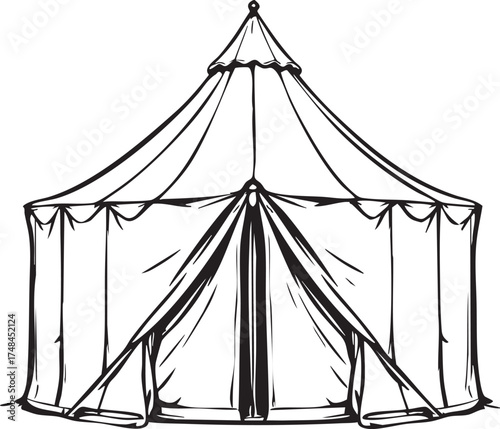 Circus tent vector—symmetrical big-top structure with open entrance and flag in black-and-white sketch style for events and fun