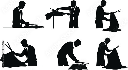 Tailor silhouette illustration, cutting fabric, measuring cloth, traditional garment making, sewing profession, textile worker, black vector art for fashion design