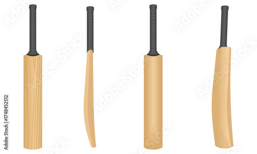wooden cricket bat set with different view, vector illustration isolated on white background.