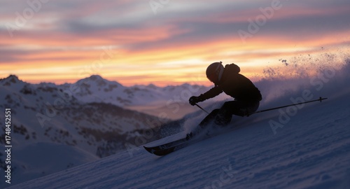 Skier carving down a snowy slope at high speed, mountain sunset or sunrise background.