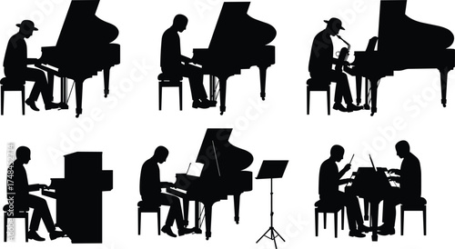 Musician silhouettes playing piano, trumpet, keyboard, grand and upright pianos, solo and duet performance, music education, concert, jazz, classical, black vector art