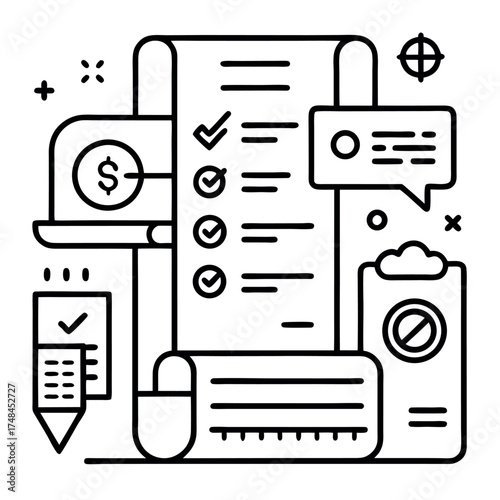 Minimal line art illustration of business planning and project management, checklist, laptop, chat bubble, and financial icons in black and white outline style