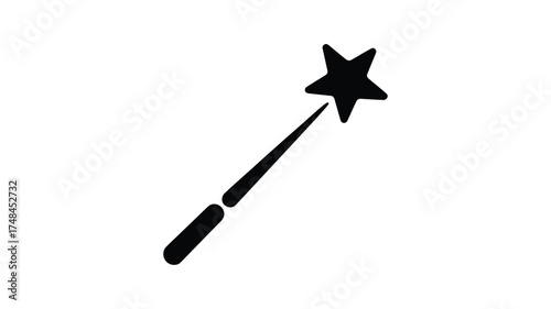 Simple black silhouette of a star topped magic wand on a white background