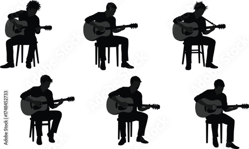 Silhouette of acoustic guitar players sitting on chairs, performing music in various poses, isolated on white background, ideal for music, art, education themes