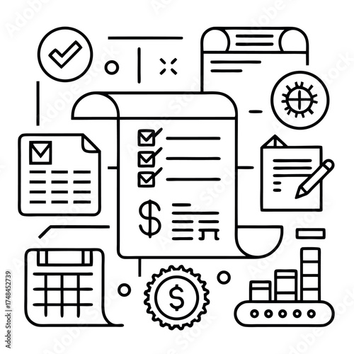 Minimal line art illustration of business planning and project management, checklist, laptop, chat bubble, and financial icons in black and white outline style