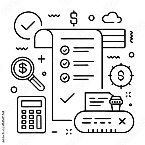 Minimal line art illustration of business planning and project management, checklist, laptop, chat bubble, and financial icons in black and white outline style