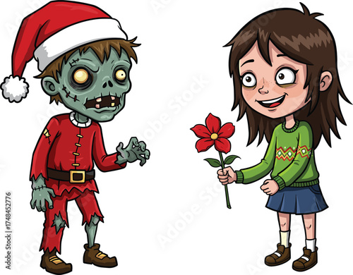 Zombie Santa receives flower, smiling girl offers kindness, cartoon contrast, festive horror, humorous Christmas scene, surreal illustration, emotional holiday moment