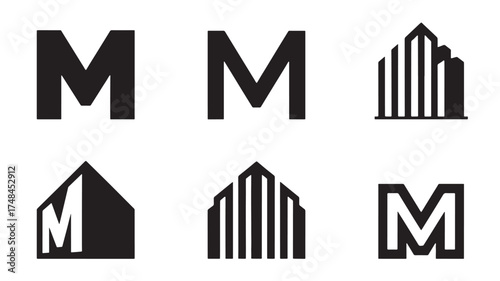 Monogram 'M' stylized as modern buildings and architecture