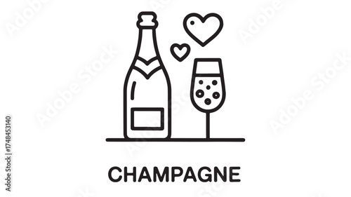 Elegant champagne bottle and glass with hearts, celebrating love and romance