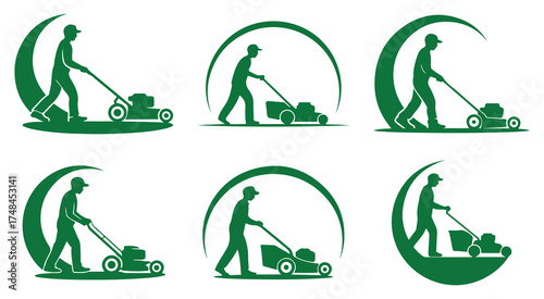 Lawn Mowing Service Logo Vector – Gardener Cutting Grass Icon Design Set