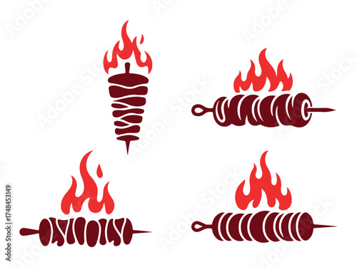 Grilled Kebab and Shawarma Fire Icon Vector – BBQ Skewer Meat Logo Design