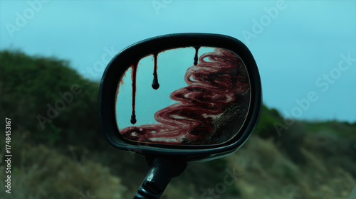 Car fearful rearview mirror smeared with dripping red paint evoking uneasy tension and motion in coastal landscape