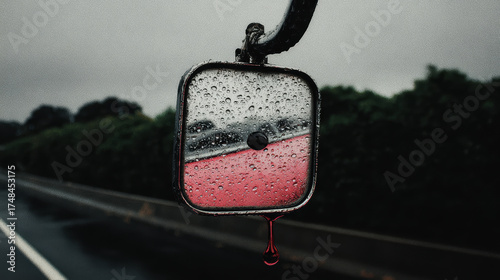 Car fearful rainy rearview mirror with water droplets and red reflection creating moody dramatic atmosphere on wet road
