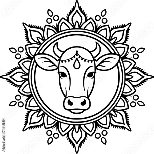 Sacred Cow Icon: The illustration captures the revered essence of a sacred cow, encircled within an ornate mandala, which is a symbol of spirituality, balance, and harmony.