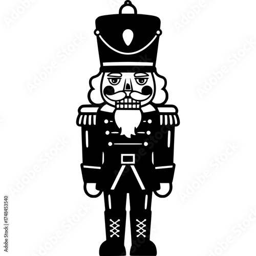 Nutcracker's Steadfast Stance: A black and white illustration of a classic nutcracker soldier stands at attention, showcasing details from uniform to expression.