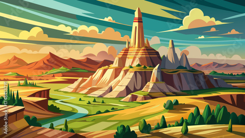 Very beautiful Chimney Rock National Historic Site in western Nebraska, USA, vector-style illustration highlighting iconic sandstone spire and wide prairie landscape.