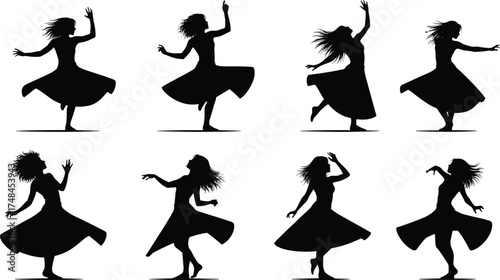 Silhouette of graceful female dancer in flowing dress, performing expressive dance poses, elegant movement, artistic choreography, black figure, isolated on white background