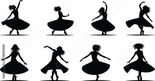 Silhouettes of female dancers in elegant ballet and contemporary poses, black figures, flared skirts, graceful movement, isolated on white background, artistic choreography