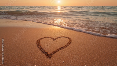 Romantic getaway sunrise with heart drawn in sand, perfect for travel, love, or Valentine's Day designs, conveying peace, tranquility, and idyllic beauty