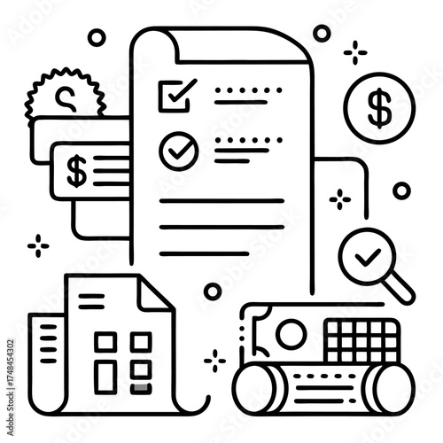 Minimal line art illustration of business planning and project management, checklist, laptop, chat bubble, and financial icons in black and white outline style