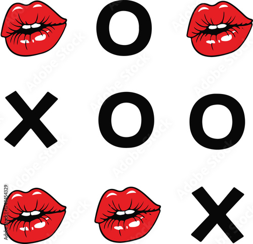 Playful tic tac toe game with red lips and black x o symbols vector