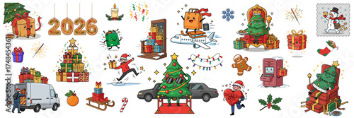 Festive illustrations of Christmas delivery service for 2026 season. Perfect for e-commerce websites, delivery apps, and holiday marketing campaigns 