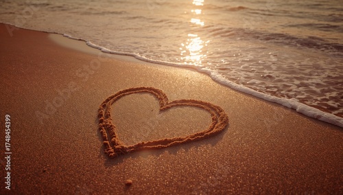Heart drawn in golden sand on a sun-kissed beach at sunset, perfect for romantic getaways and dreamy vacation vibes, love and connection, travel memories