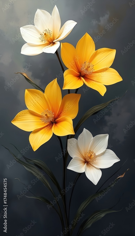 Fototapeta premium Abstract art shows yellow, white flowers with dark leaves against moody grey background. This elegant floral composition offers modern aesthetic, perfect for graphic design, nature-themed projects.