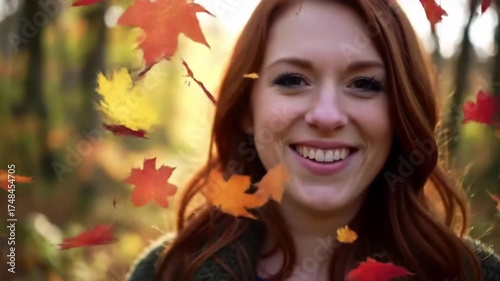 The face of a smiling young woman slowly emerges through the fog among colorful autumn leaves in a forest