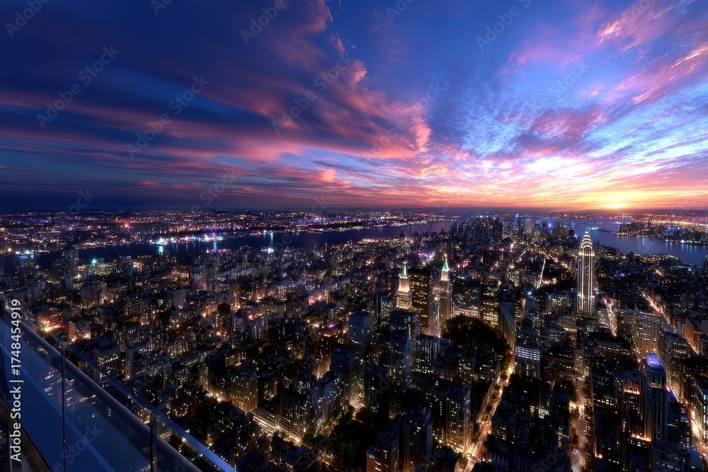 Obraz premium Vibrant sunset view over a bustling city skyline with colorful clouds in twilight