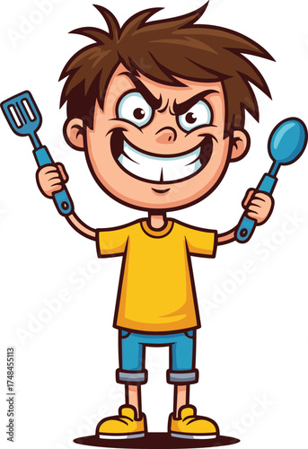 Cheerful boy holding spatula and spoon, playful kitchen pretend play, fun childhood, imagination, creativity, joyful learning, energetic cartoon character
