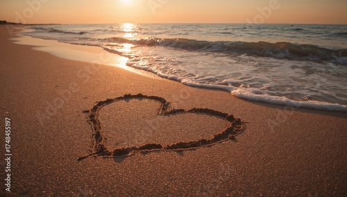 Express your love with a heart drawn in the sand reflecting the warm, golden sunset, perfect for romantic getaways and heartfelt messages