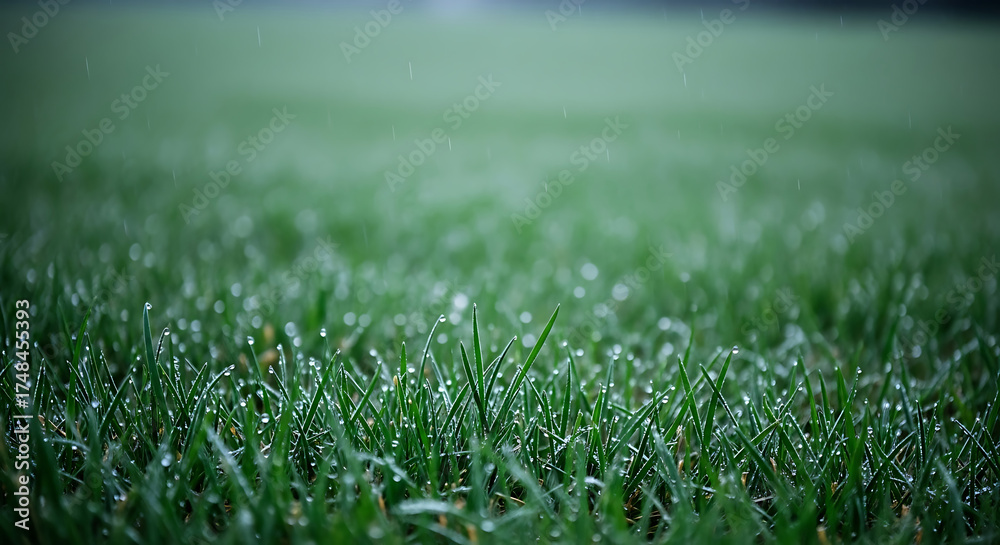 Fototapeta premium Closeup of green grass covered in morning dew drops, glistening in the soft light