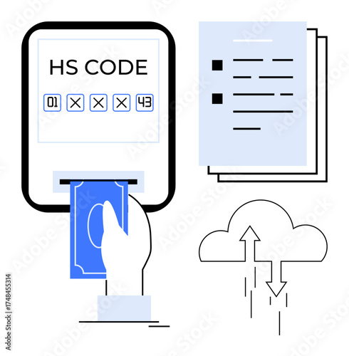 Hand inserting card for payment, HS code display, document sheets, cloud uploaddownload. Ideal for finance, trade, e-commerce, logistics data exchange digital transformation innovation. Simple