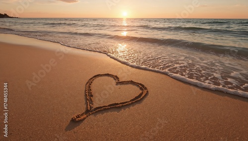 Romantic heart drawn in golden sand meets ocean waves at sunset, perfect for travel, love, or peaceful getaway imagery