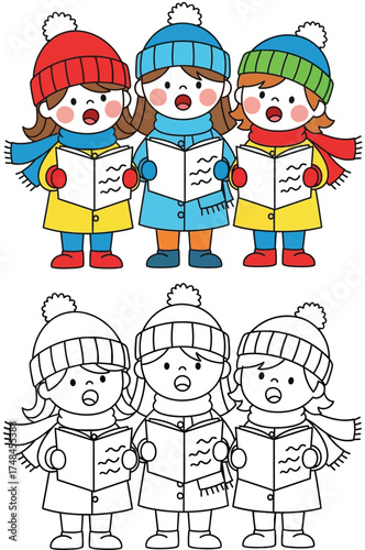Three Cute Girls Carol Singing, Wearing Winter Hats and Scarves, Holding Songbooks - Festive Holiday Tradition