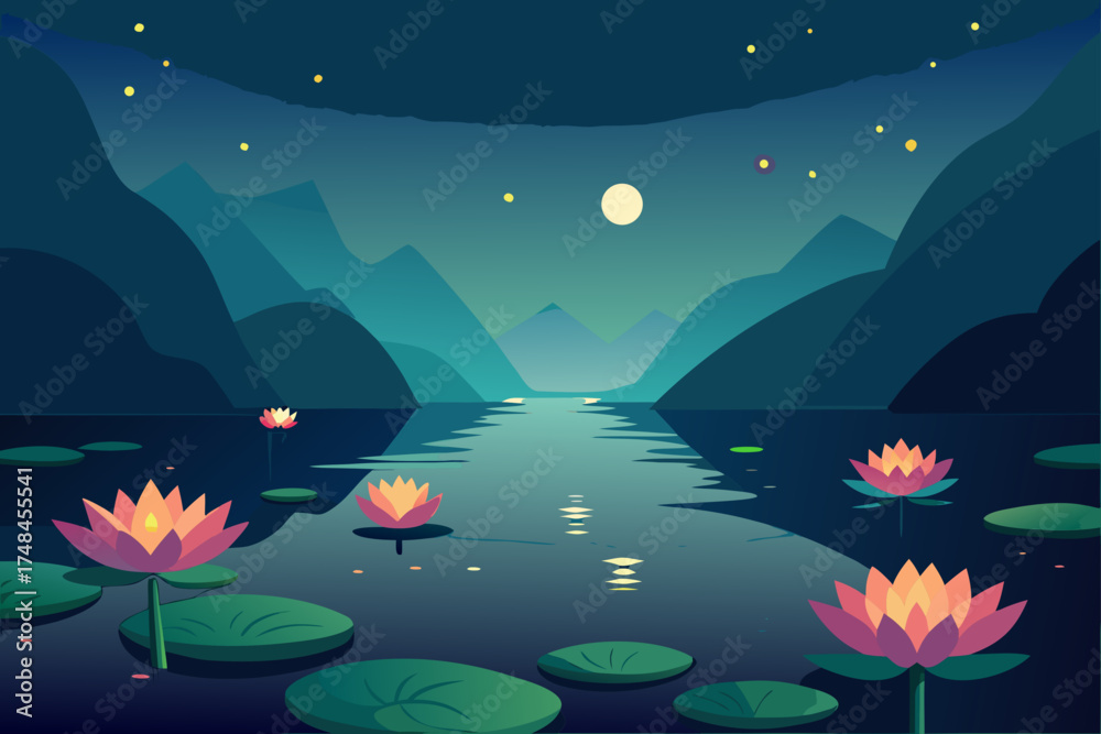 Fototapeta premium Tranquil night scene with glowing lotus flowers and mountains reflected in a calm lake under a starry sky and full moon