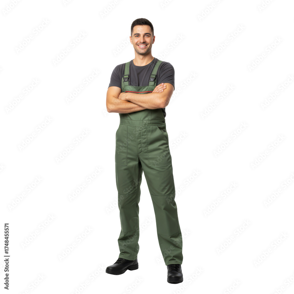 Fototapeta premium Confident professional in olive green overalls isolated against a transparent canvas