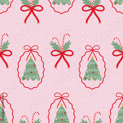 Seamless Christmas pattern with trees, candies, and bows. Christmas background with a decorative frame. Fashionable design for textiles and wrapping paper.