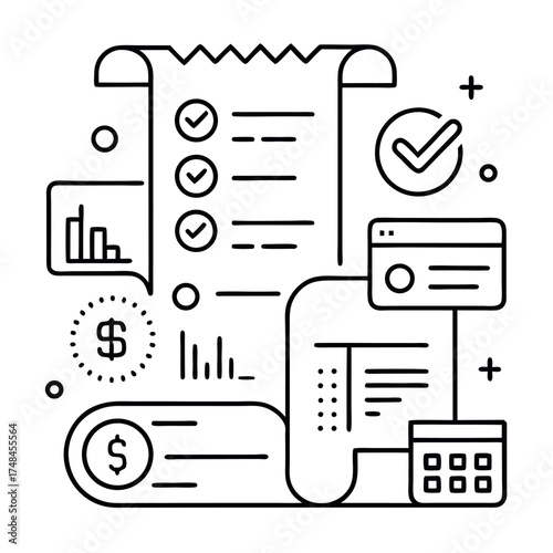 Minimal line art illustration of business planning and project management, checklist, laptop, chat bubble, and financial icons in black and white outline style