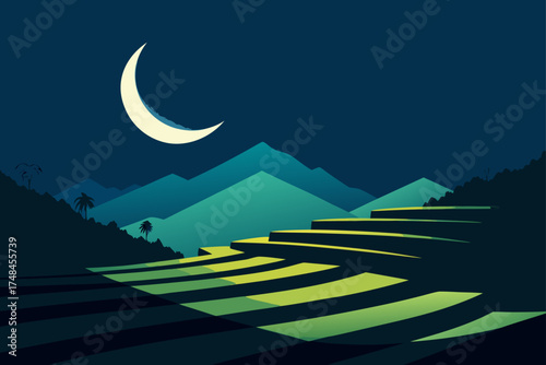 Serene crescent moon illuminates lush terraced rice fields nestled amongst verdant mountains under a starry night sky