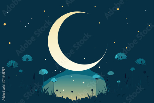 Stylized crescent moon illuminating a dreamy night landscape with silhouetted flora and distant stars