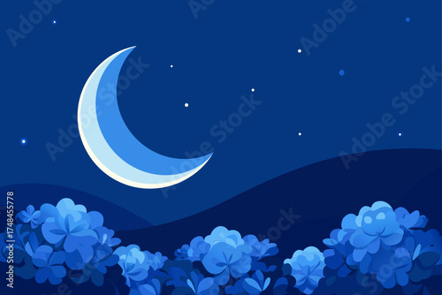 Stylized crescent moon shines brightly in the deep blue night sky above rolling hills and lush blue foliage